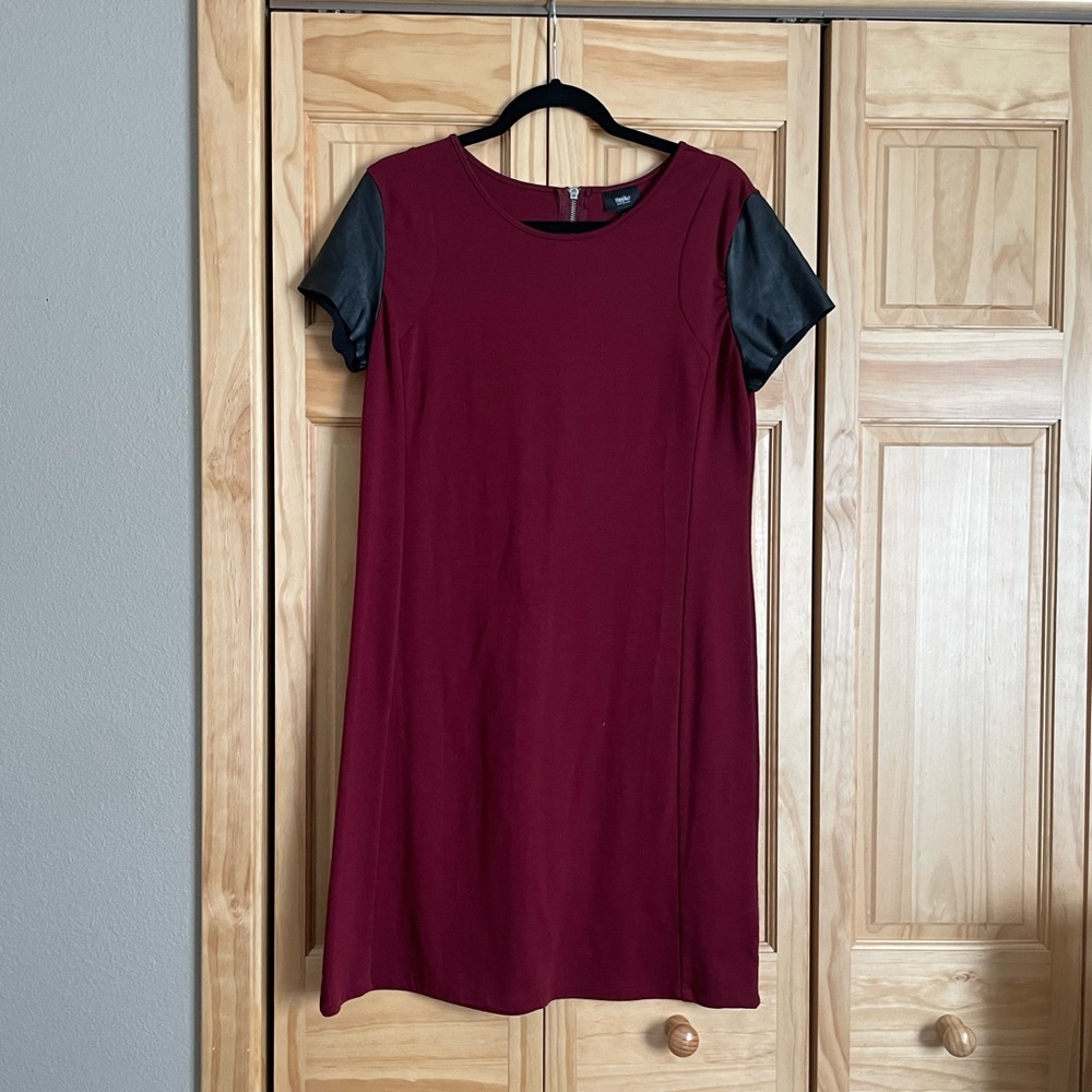 Maroon dress with faux leather sleeves